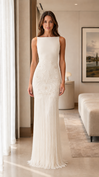 Front view of ivory sleeveless embroidered fringe gown