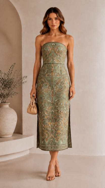 Front view of sage strapless ornate print midi dress