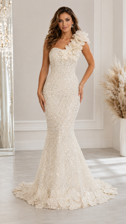 Front view of ivory one-shoulder embellished mermaid gown with floral appliqué