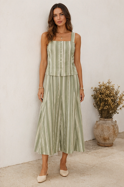 Sage green striped sleeveless top and wide-leg pants matching set