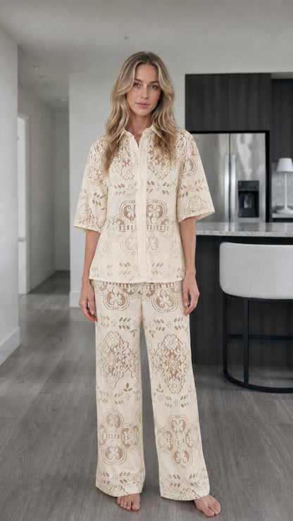 Woman wearing beige floral lace two-piece matching set