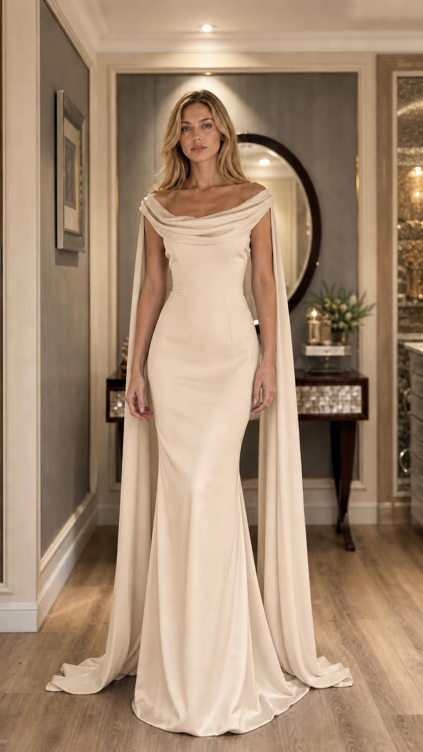 Champagne evening dress with flowing cape on model