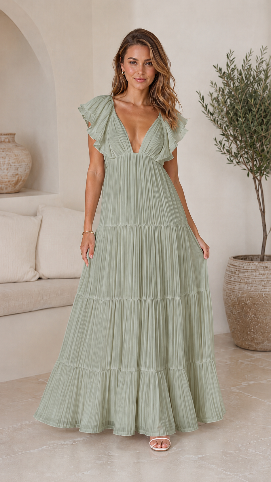 Full front view of sage flutter sleeve pleated tiered maxi dress