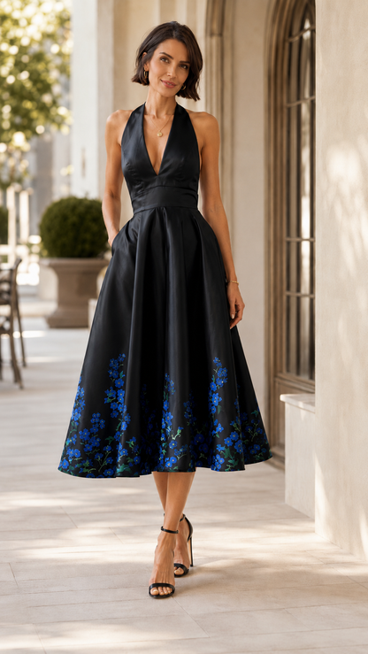 Front view of black halter midi dress with blue floral border print
