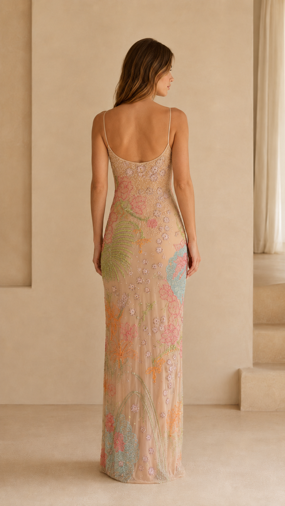 Back view of champagne floral embroidered mesh slip maxi dress