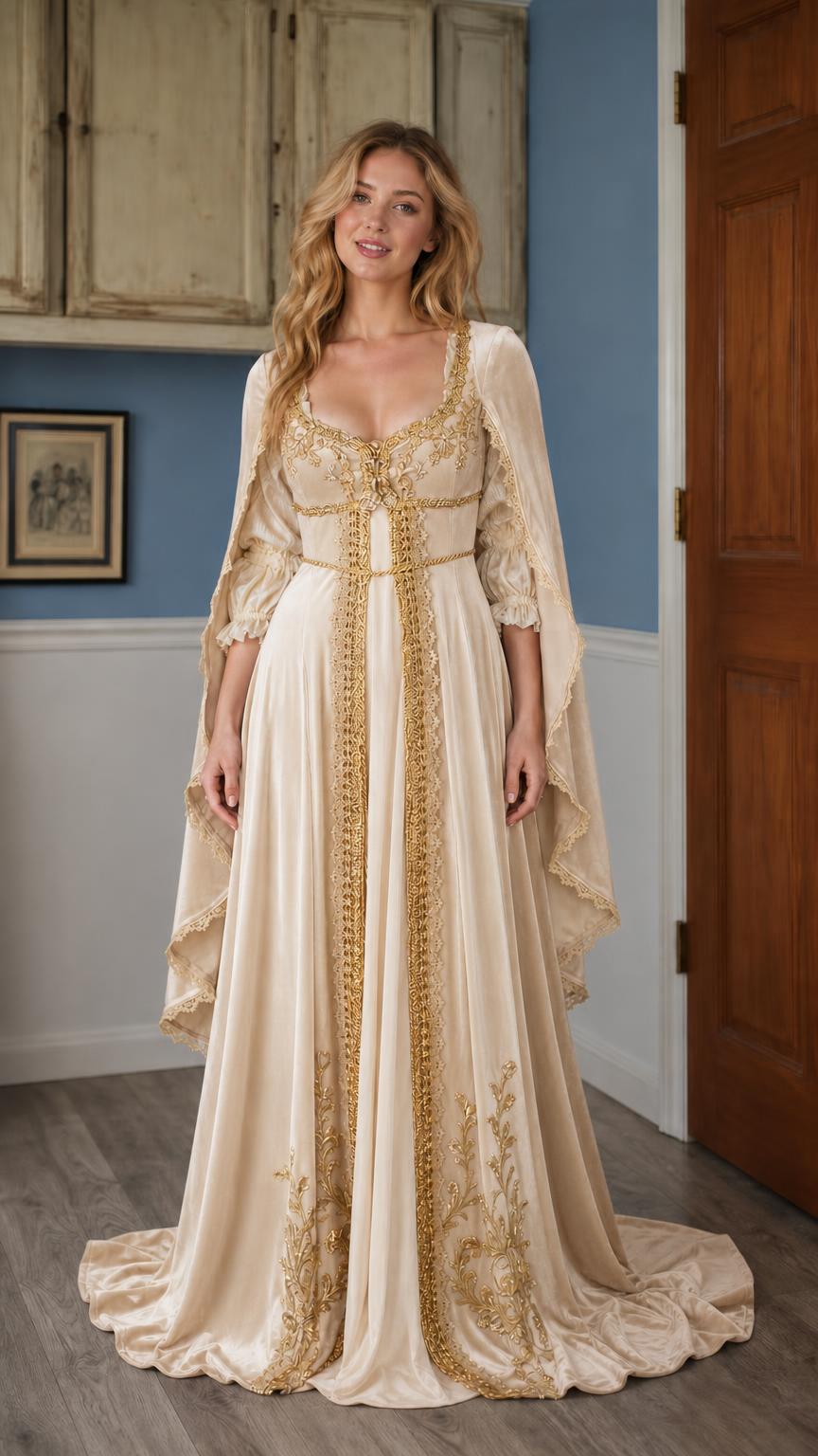 Cream Renaissance velvet gown with gold trim