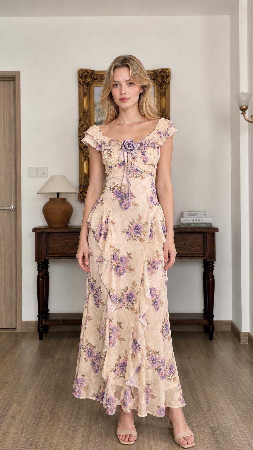 Floral Print Ruffled Maxi Dress in Champagne
