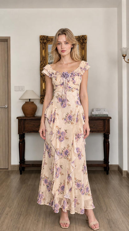 Floral Print Ruffled Maxi Dress in Champagne