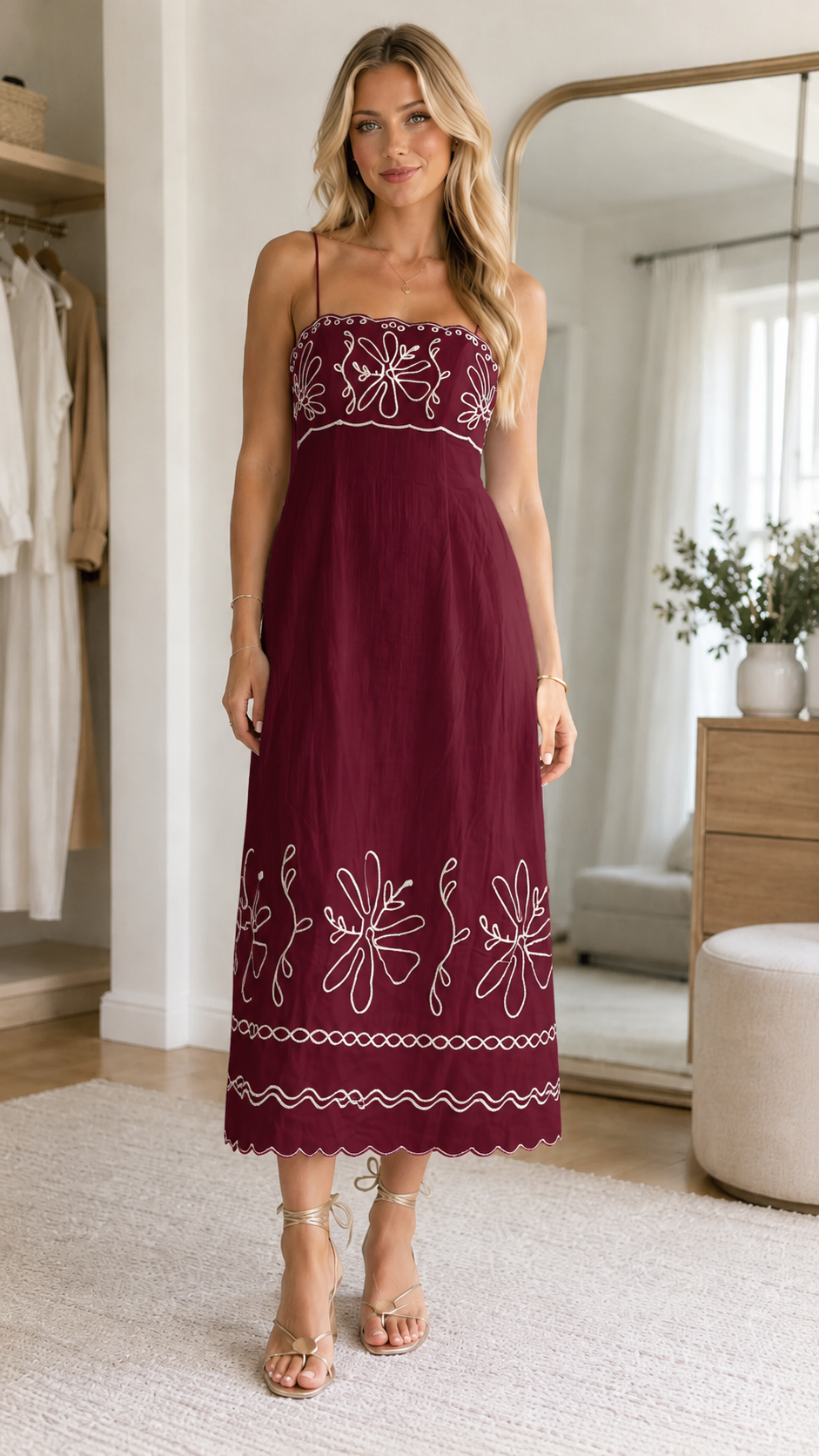 Burgundy embroidered midi sundress with light contrast floral border detailing
