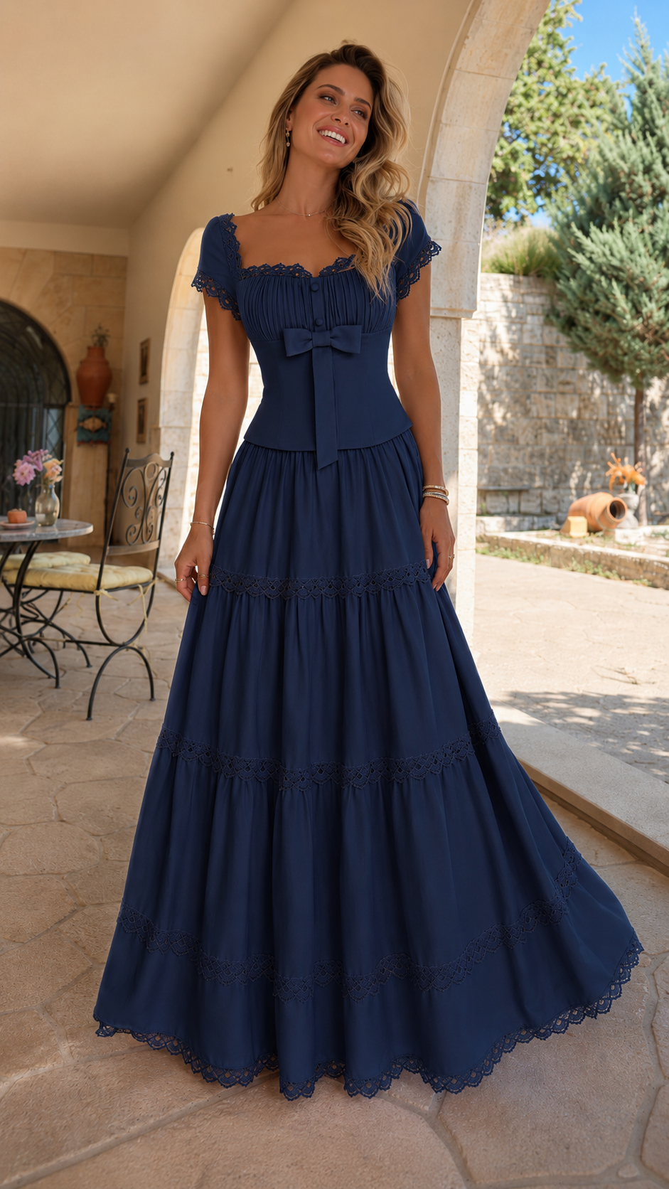 Front view of navy lace trim bow front tiered maxi dress