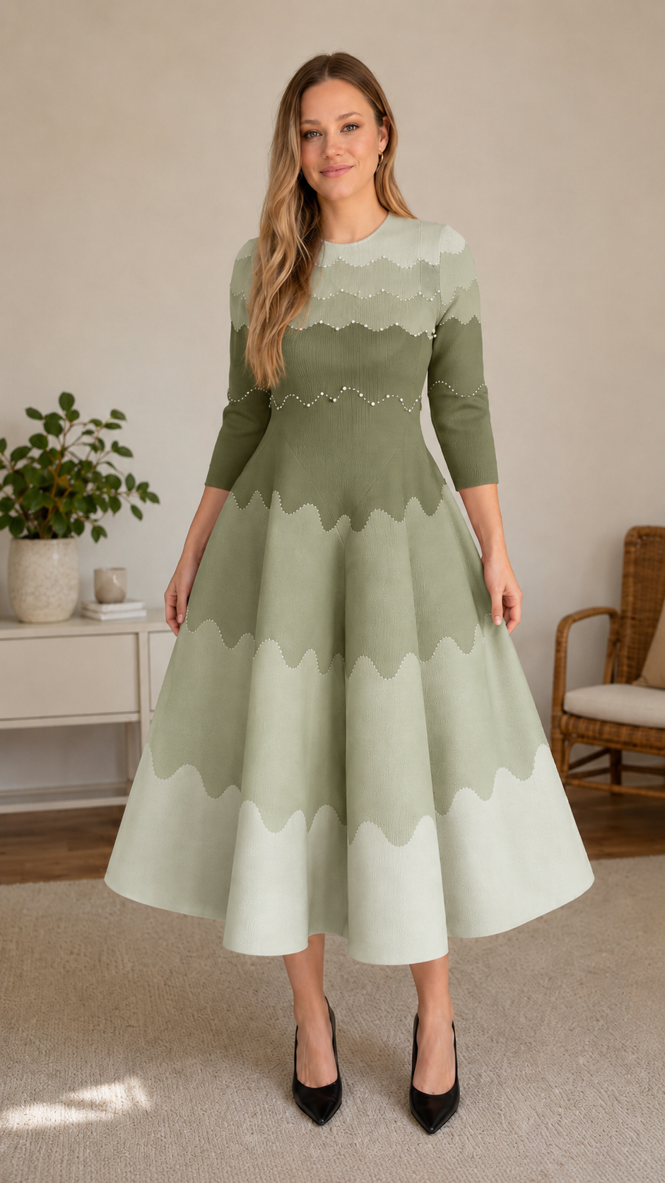 Front view of sage scalloped colorblock midi fit and flare dress