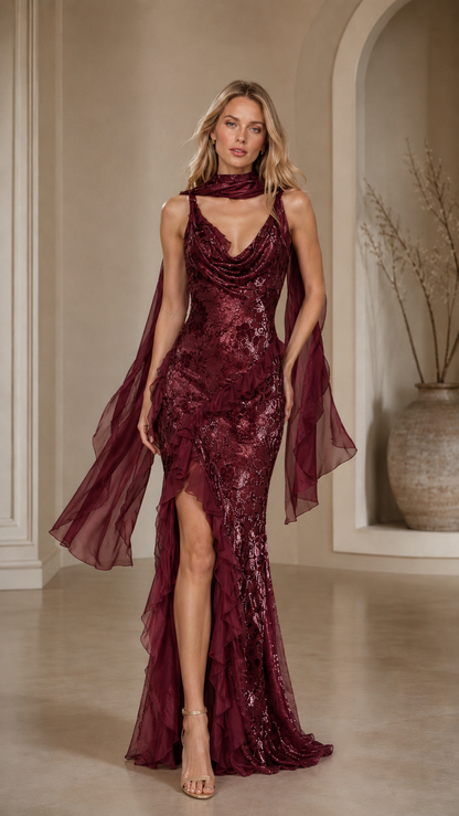 Burgundy sequin mermaid gown with cowl neck and dramatic sheer scarf