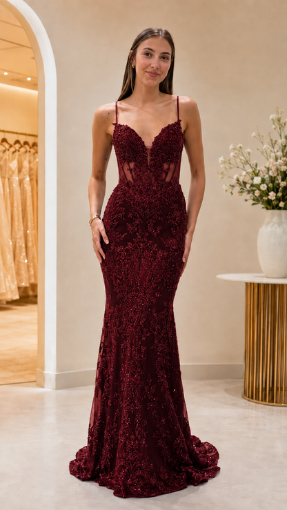 Front view of burgundy embroidered mermaid formal gown with sweetheart neckline