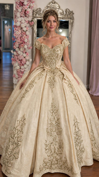 Front view of champagne gold ballgown with embroidery