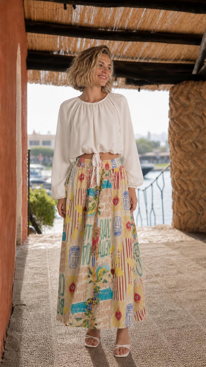 Model wearing white crop top and yellow multi printed maxi skirt