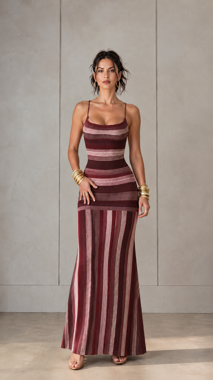 Front view of burgundy striped knit maxi dress with elongated striped design