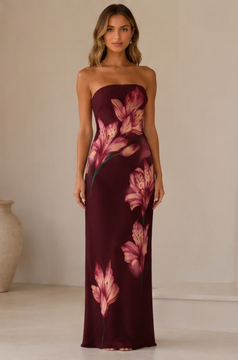 Burgundy strapless floral print maxi dress front view
