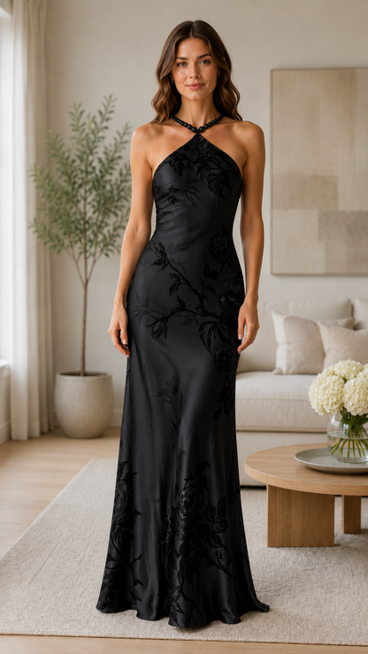 Black floral satin-look halter maxi dress front view
