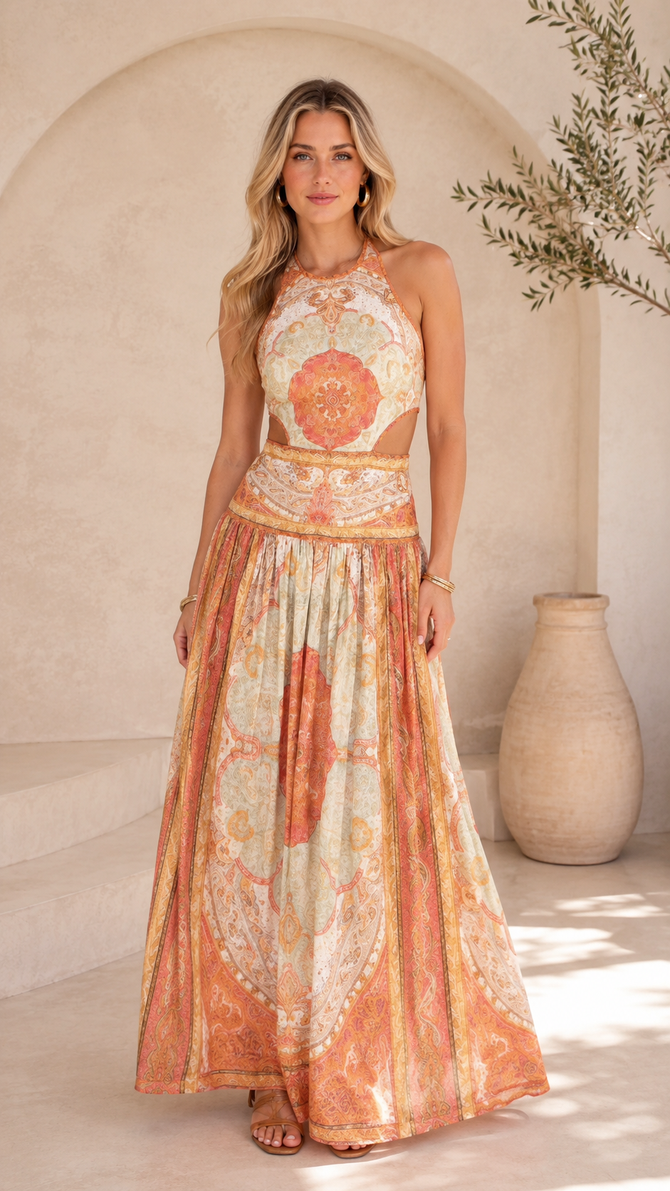 Peach ornate print halter cutout maxi dress front view