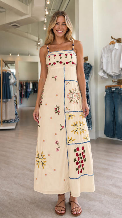 Front view of the beige floral embroidered maxi dress
