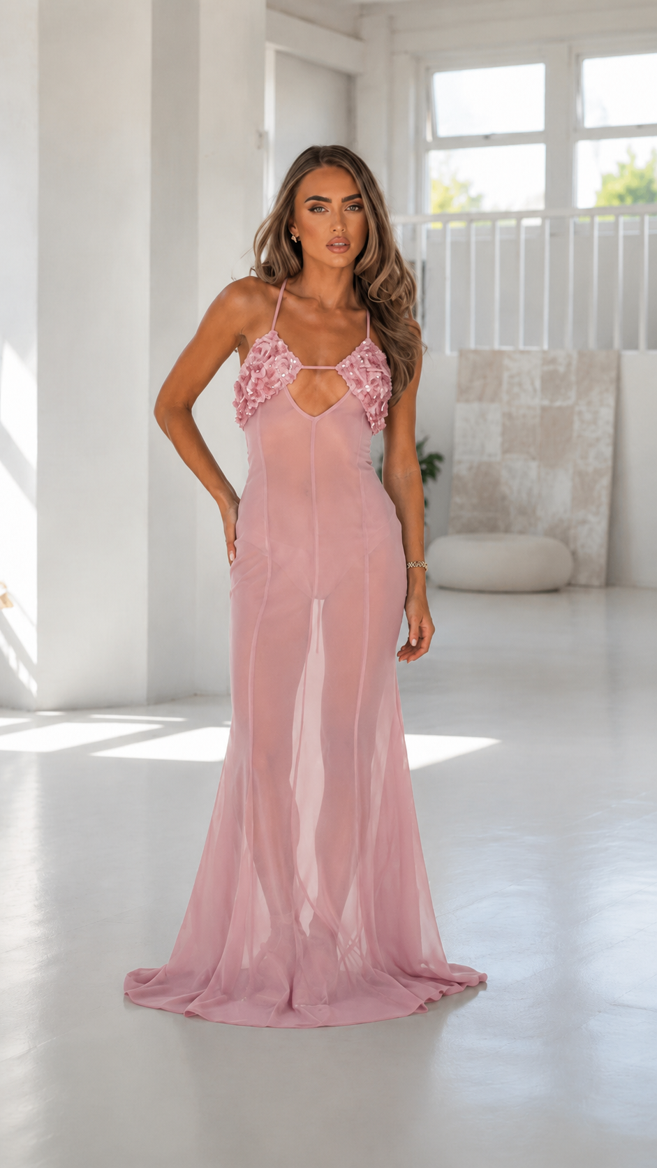 Front view of blush sheer mesh maxi dress with floral textured bust