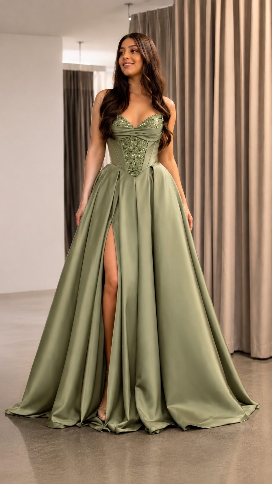 Sage green strapless sweetheart ball gown with embellished bodice and full satin-look skirt