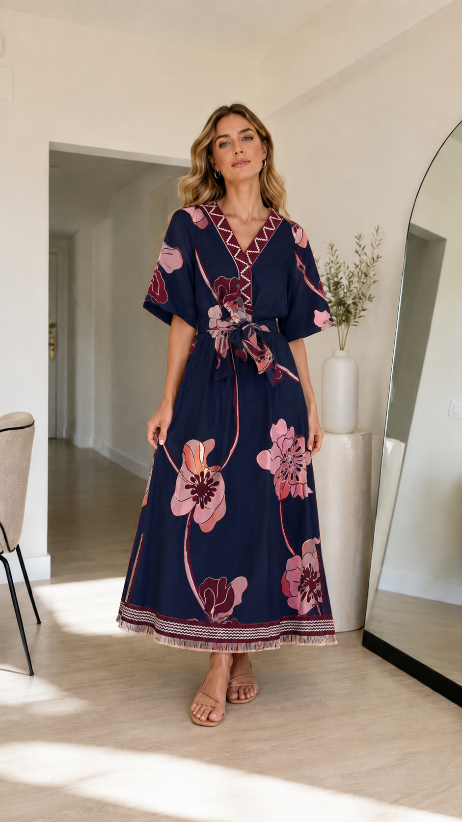 Front view of navy floral belted maxi dress with contrast neckline and hem border