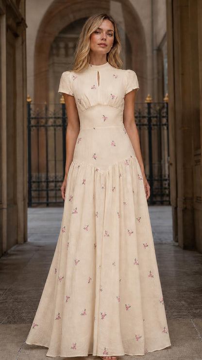 Front view of Beige floral embroidered maxi dress