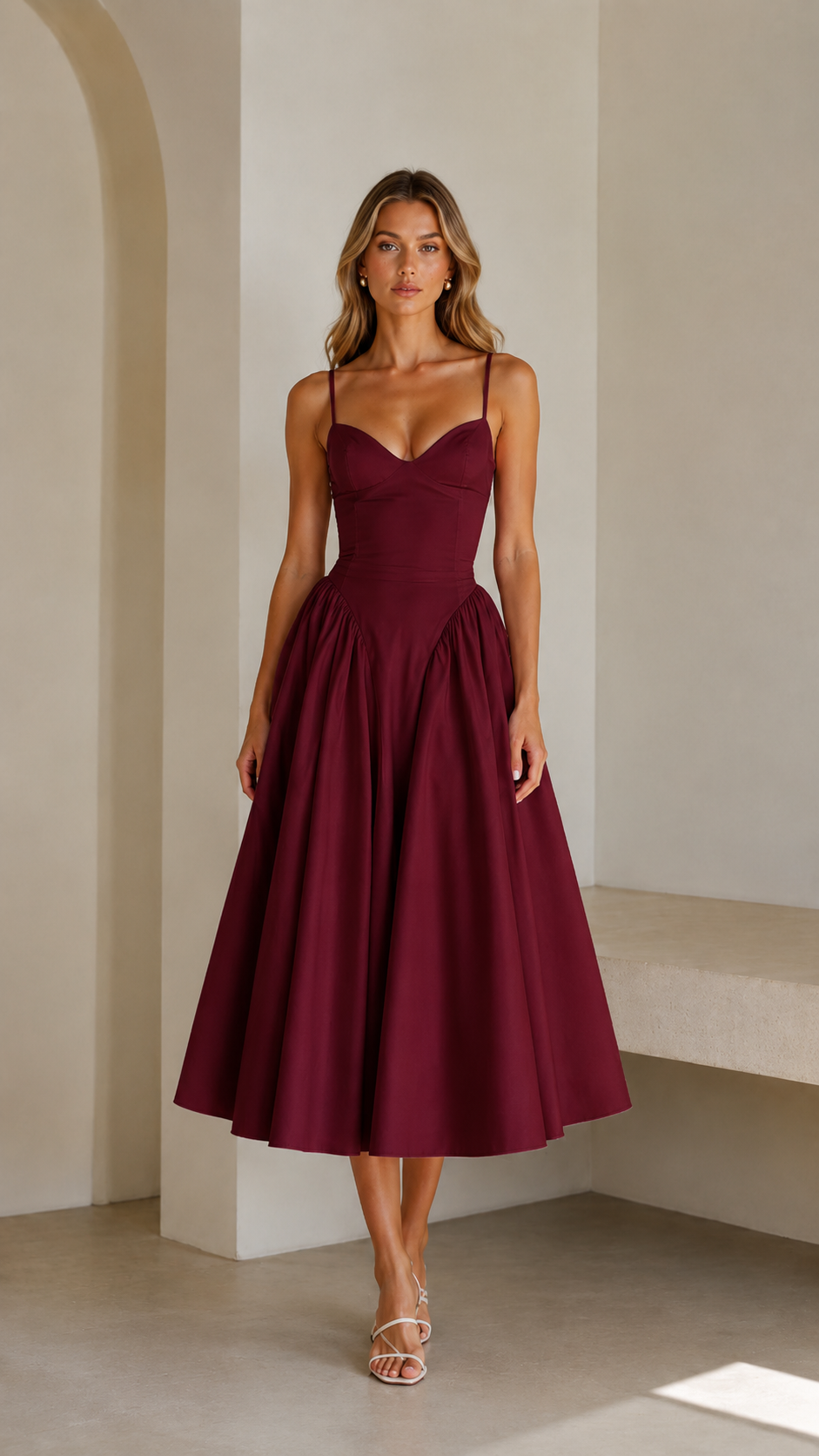 Front view of burgundy sweetheart neck spaghetti strap midi dress with full skirt