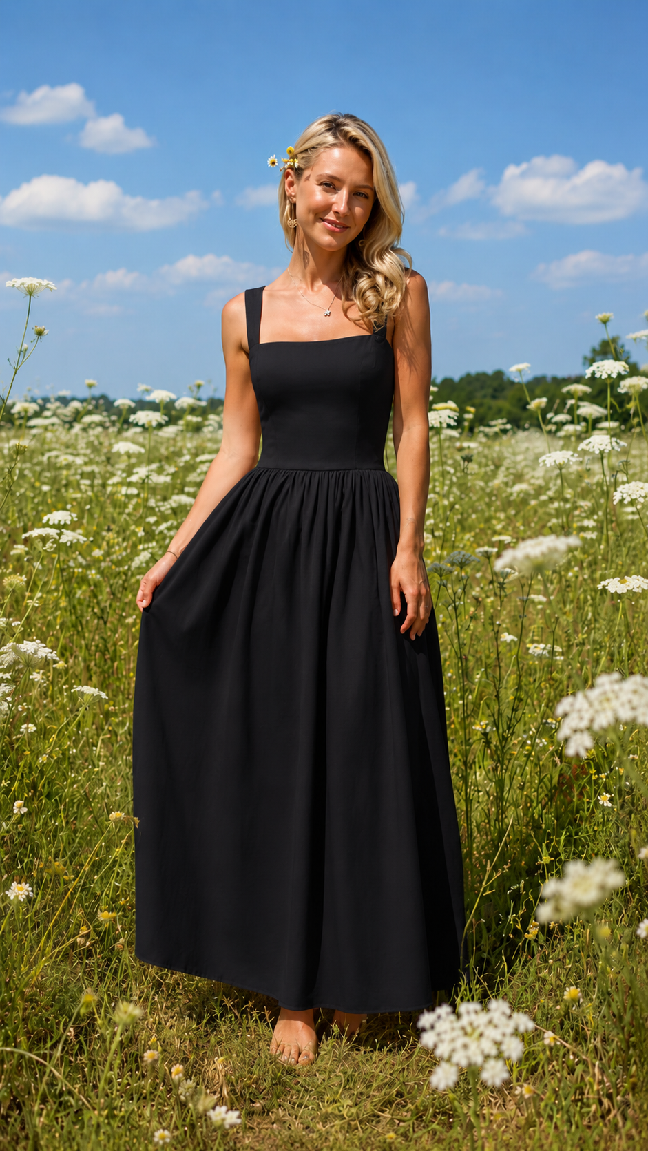 Black square neck sleeveless maxi dress front view