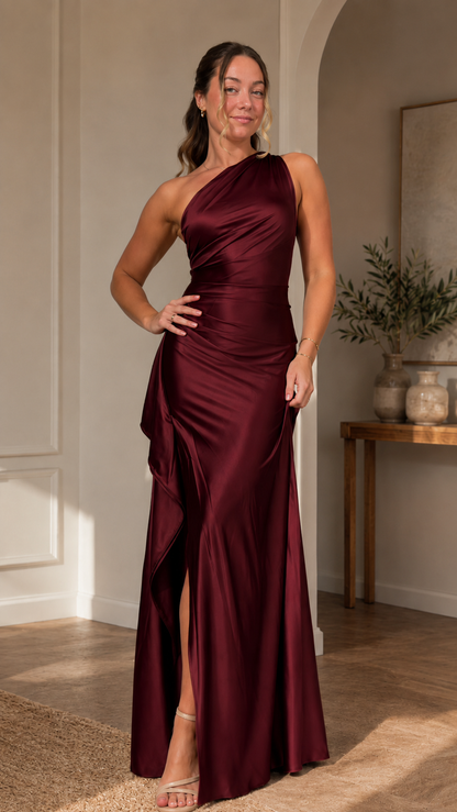 Front view of burgundy one-shoulder satin-like evening dress with front slit