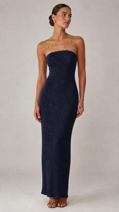 Front view of navy beaded strap bodycon maxi dress
