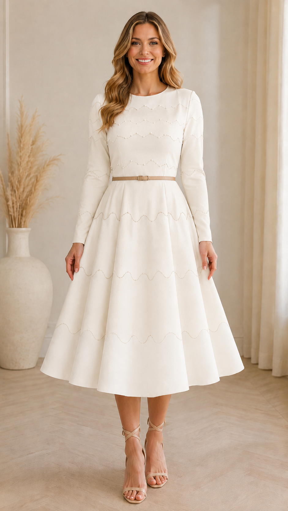 Front view of cream long sleeve belted midi dress with subtle scalloped detail