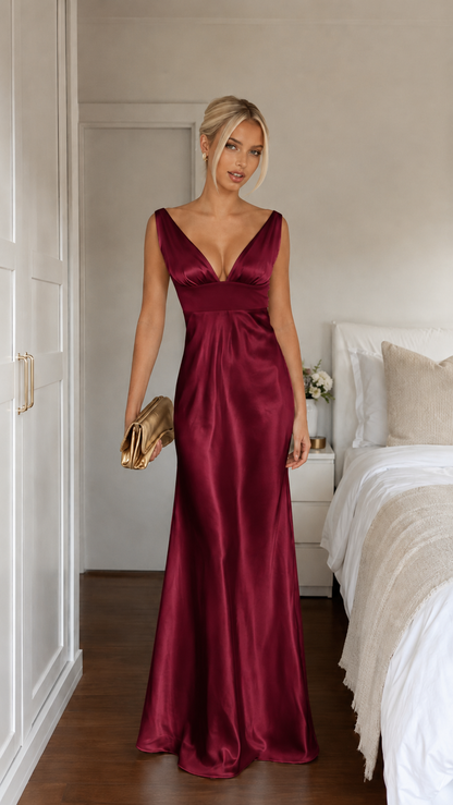Front view of burgundy satin-look deep V formal maxi dress