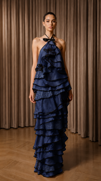 Front view of navy halter maxi gown with layered flounce skirt