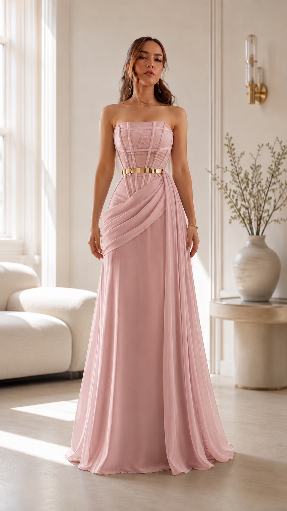 Blush pink strapless draped corset maxi evening dress front view