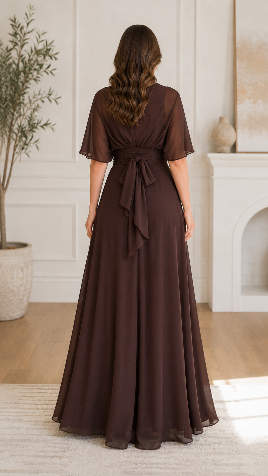 Back view of chocolate brown maxi dress with tie detail