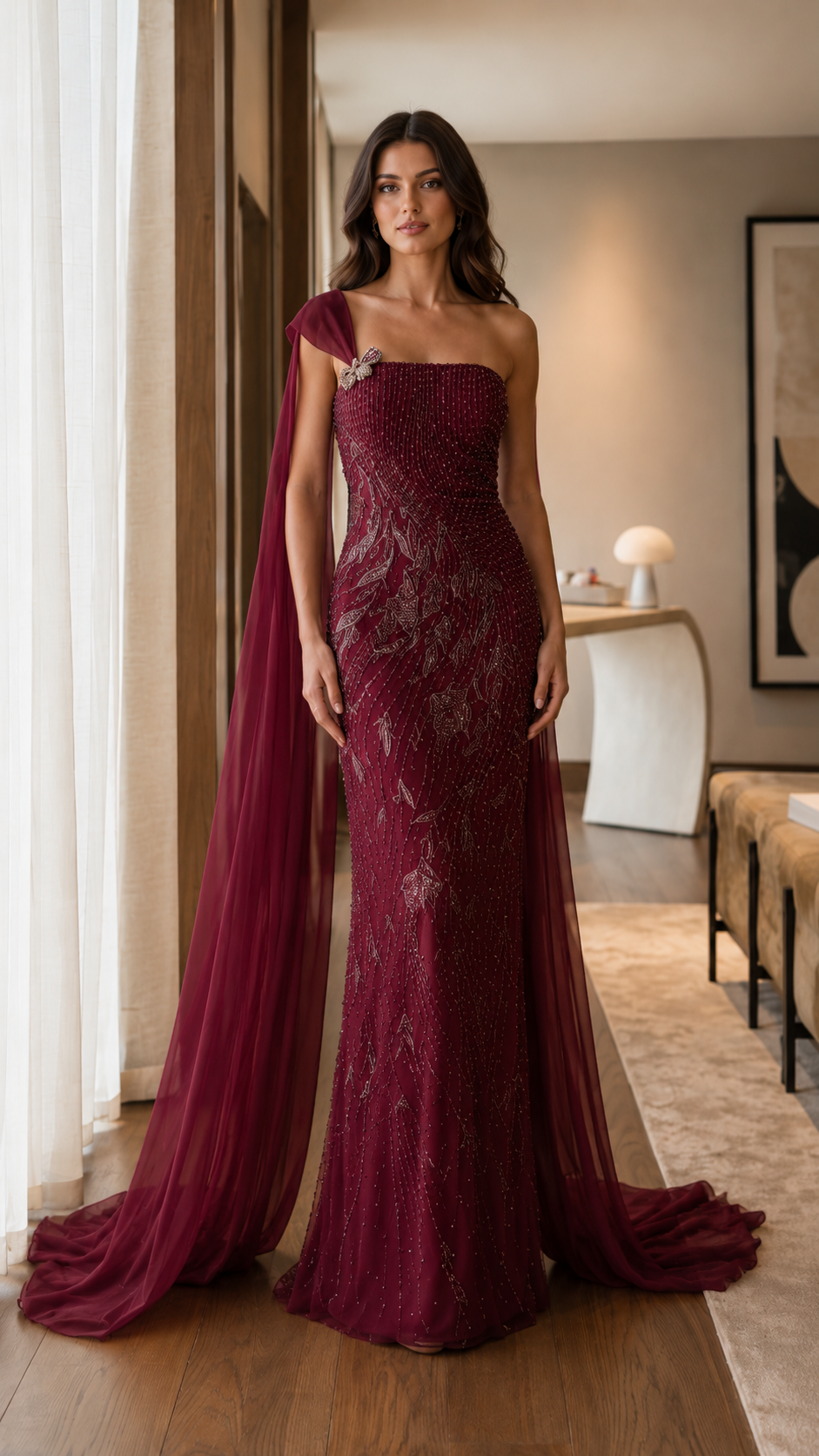 Front view of burgundy embellished formal gown with one-shoulder cape