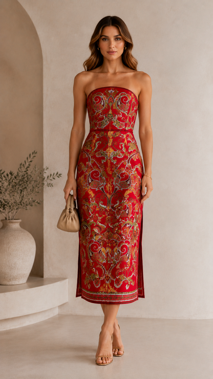 Front view of red strapless paisley midi dress