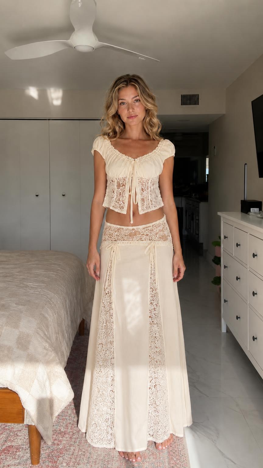 Model wearing beige color variant of two-piece set