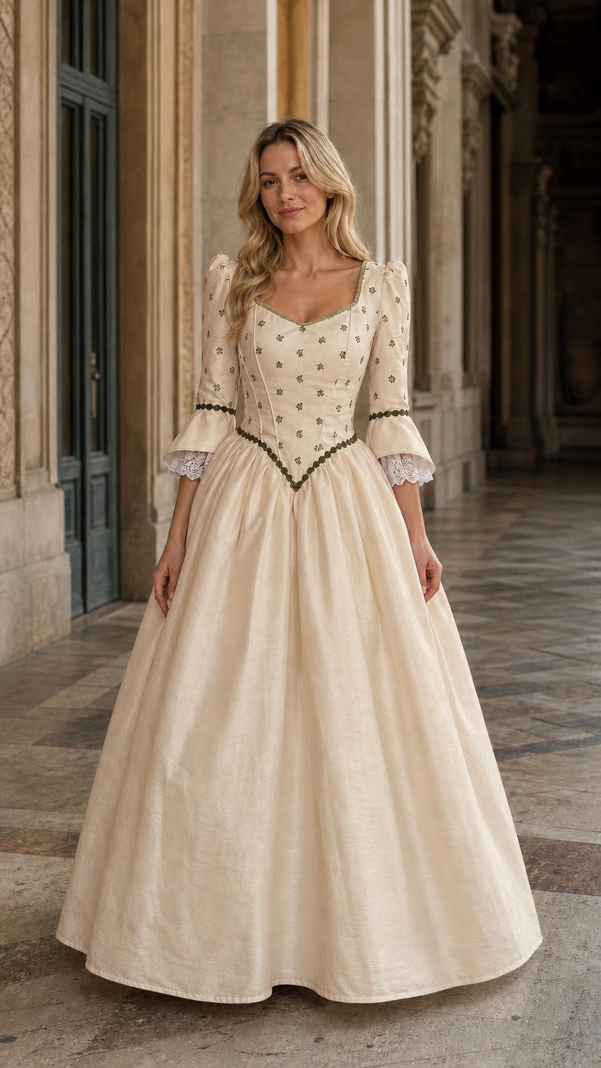 Full view of beige Renaissance vintage maxi dress