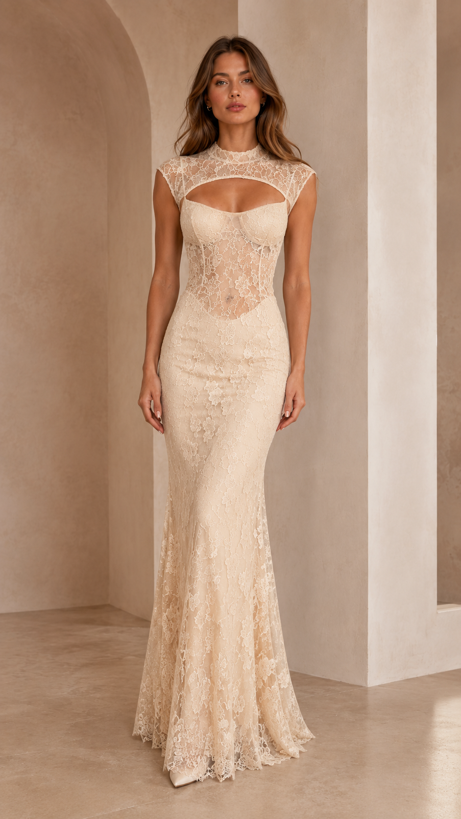 Champagne lace mermaid maxi dress with high neck and fitted bodice