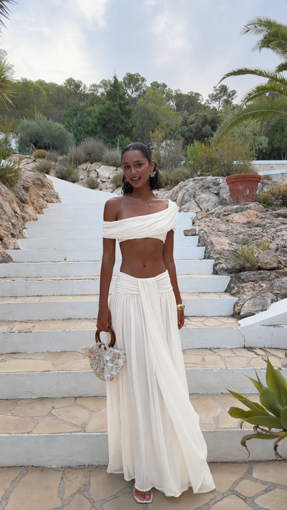 Ivory off-shoulder crop top and maxi skirt set with soft gathered waistband