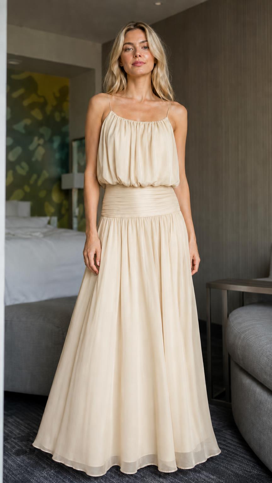 Front view of champagne neutral maxi dress