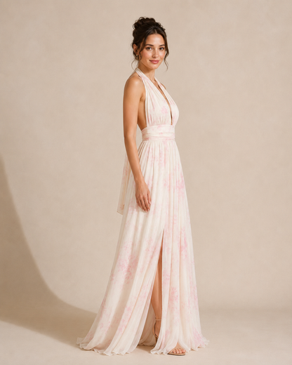Side view of blush floral halter maxi dress showing open side and fluid drape