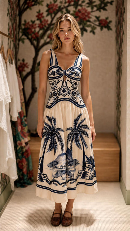 Woman wearing cream variant of tropical print midi dress