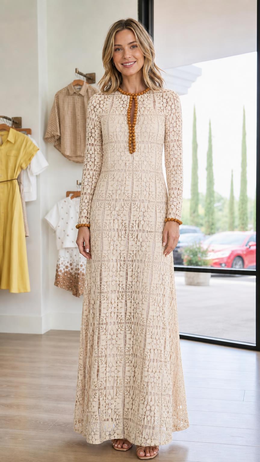 Front view of woman wearing beige long-sleeve lace maxi dress