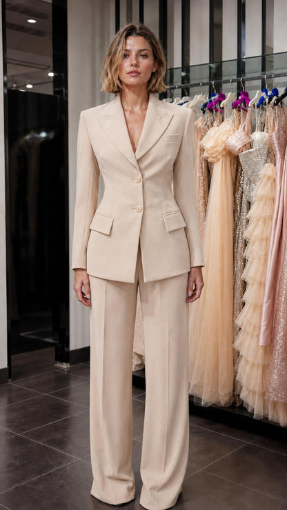 Front view of woman wearing beige tailored suit set