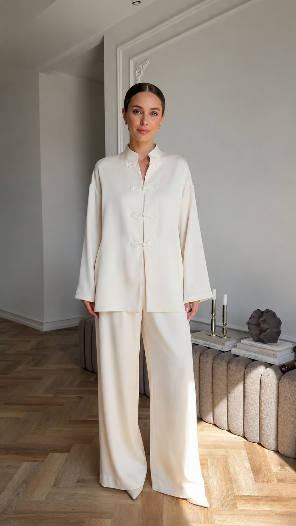 Women's cream mandarin collar lounge set front view with flowing silhouette