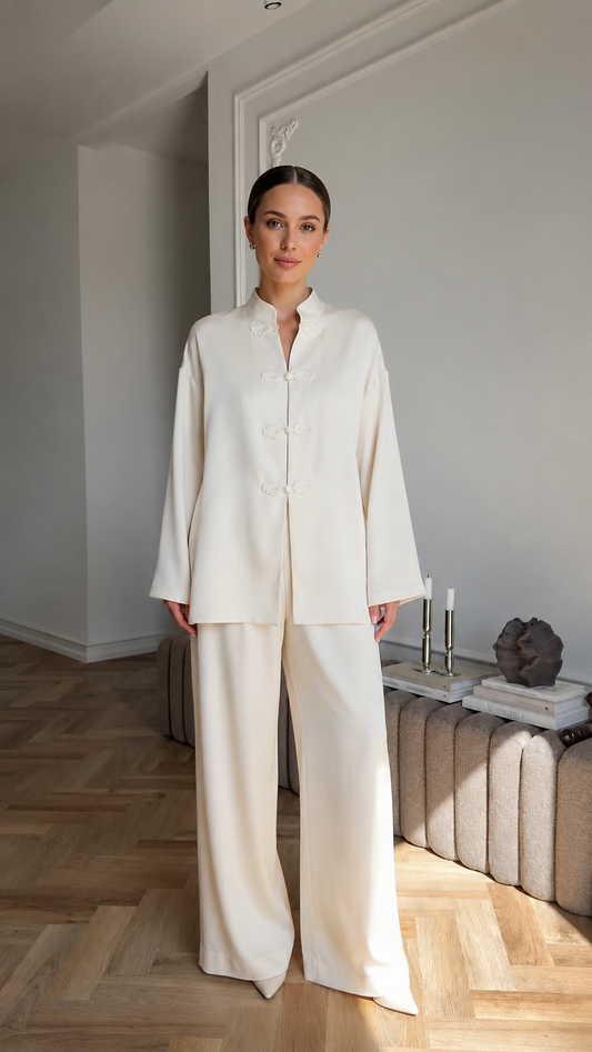 Women's cream mandarin collar lounge set front view with flowing silhouette